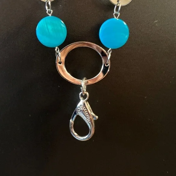 Blue and Silver Necklace and earring set. With clip for ID or keys! - Picture 2 of 3